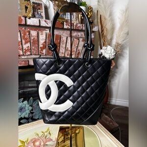 Chanel Cambon Small Tote Black Quilted Leather White CC Logo